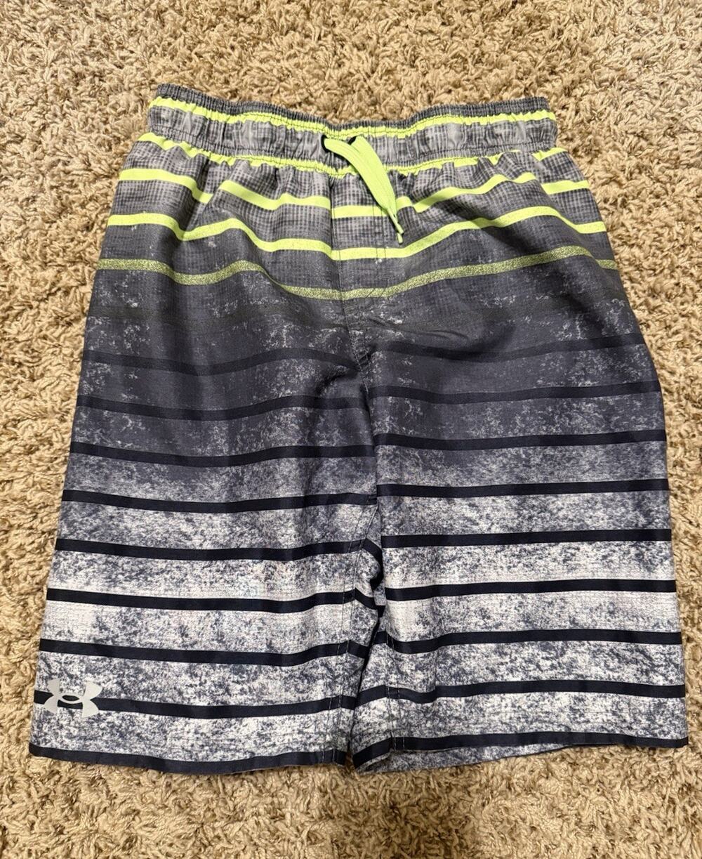 Under Armour Boys L Striped Swim Shorts Elastic Waist Drawstring Lined